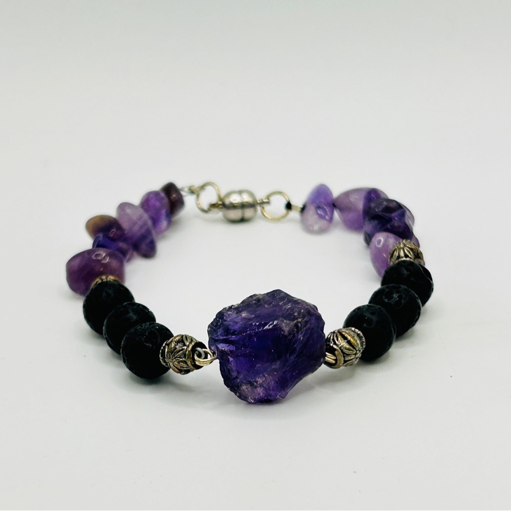 Amethyst and Lava Bead Bracelet; 7 inches